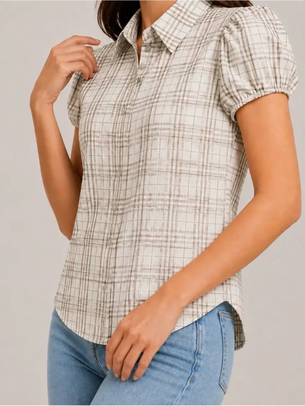 women Plaid Short Sleeve Button-Down Shirt - Cream & Brown
